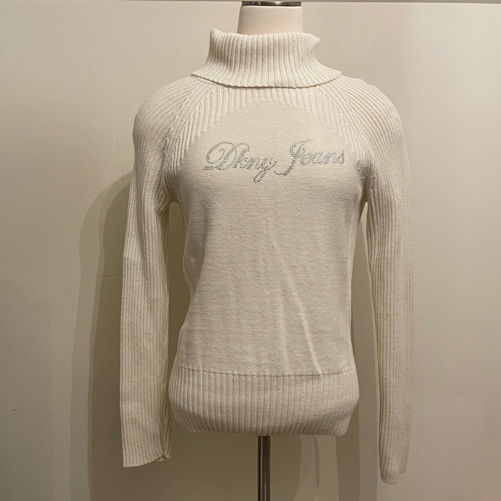 DKNY Jeans Ivory Turtleneck Sweater L Rhinestone Logo Rib Knit